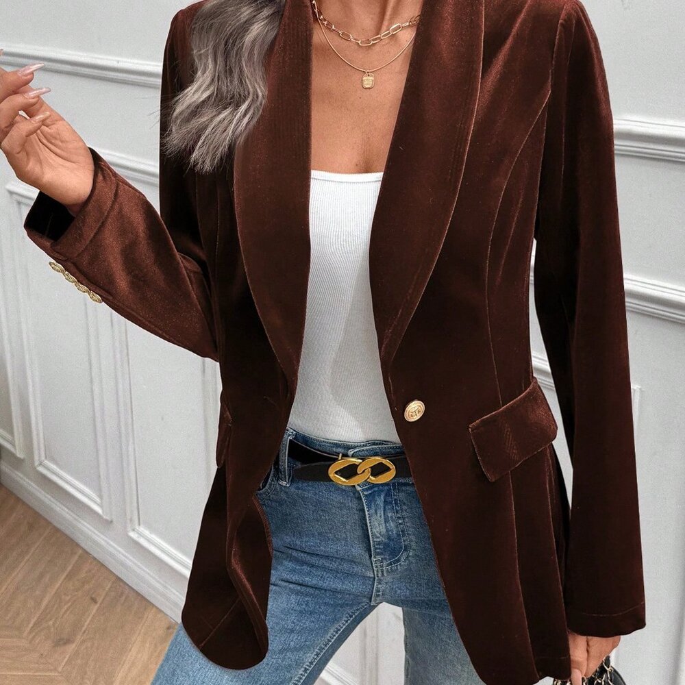 Brown Elegant Women's Velvet Blazer - Picture 3 of 8